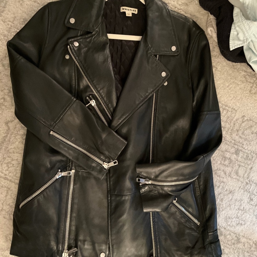 Whistles Black Leather oversized Biker Jacket